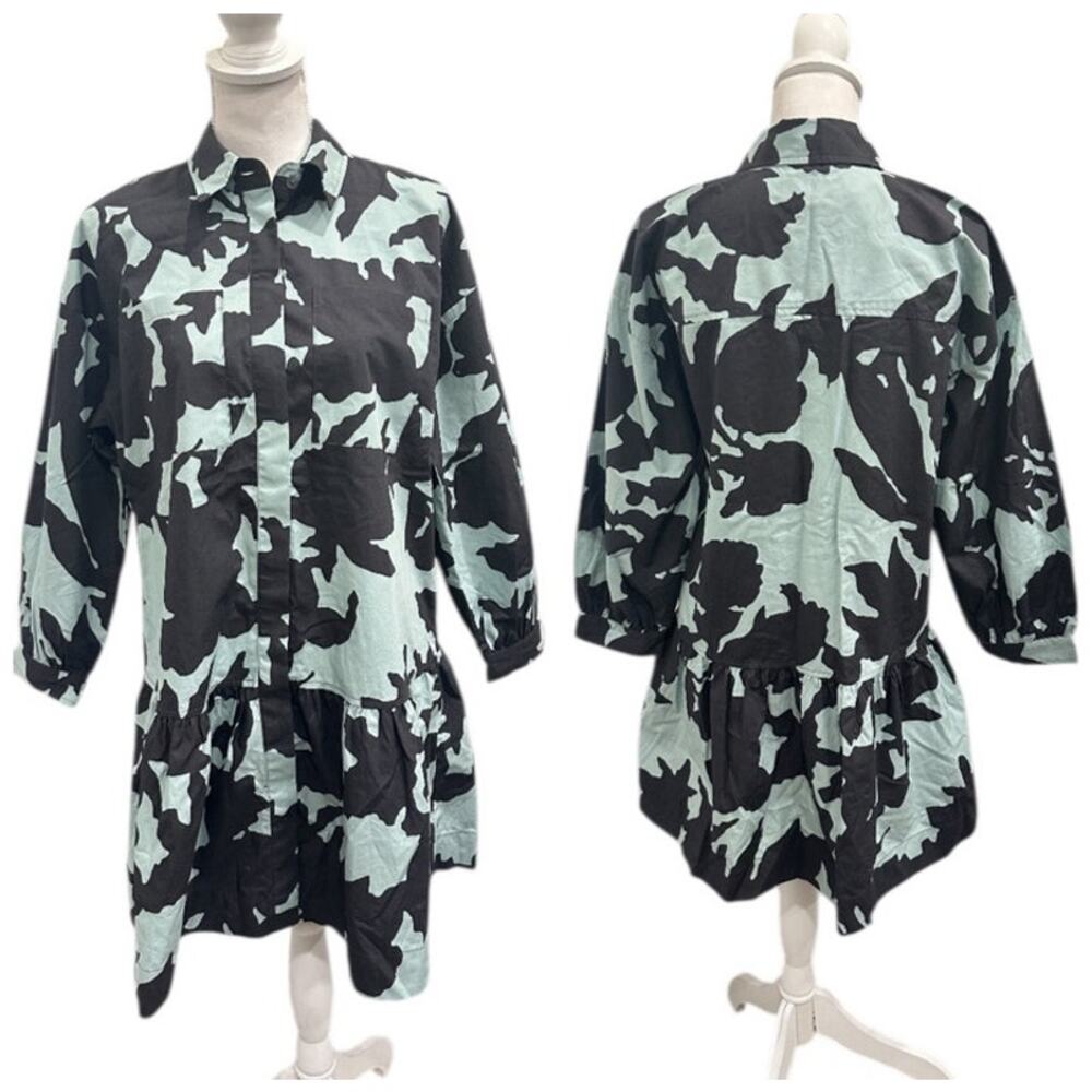 NWT Banana Republic Blue Gray Floral Puff Sleeve Tiered Mini Shirt Dress‎ Small
